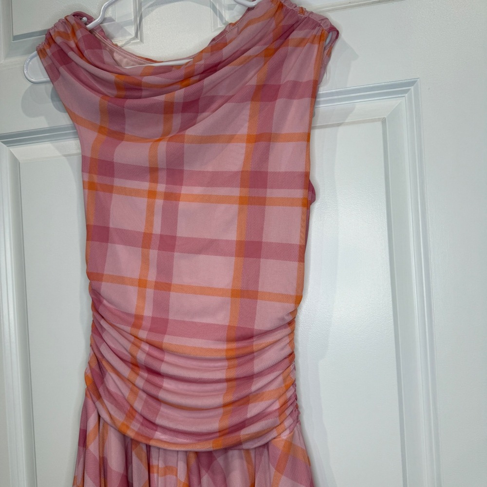 Altar'd State Pink Multi Plaid Cowl Neck Ruched Mini Dress Size Small - Picture 3 of 6